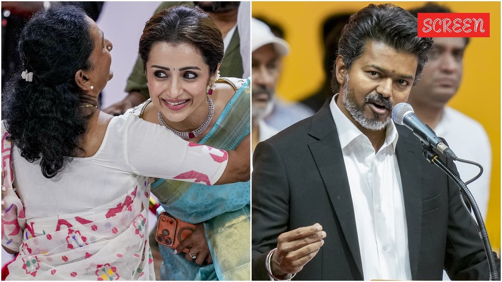 Trisha hugs Vijays mother as he takes oath as Tamil Nadu CM; Sangeetha and kids skip ceremony
