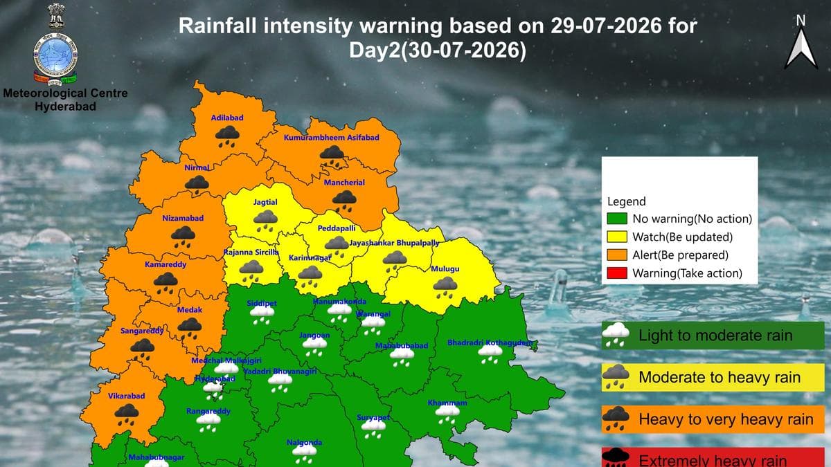 Heavy to very heavy rain forecast for nine Telangana districts for July 30