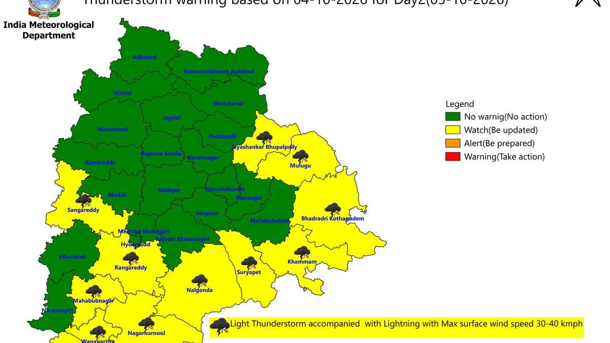 Thunderstorm forecast in 13 Telangana districts on October 5