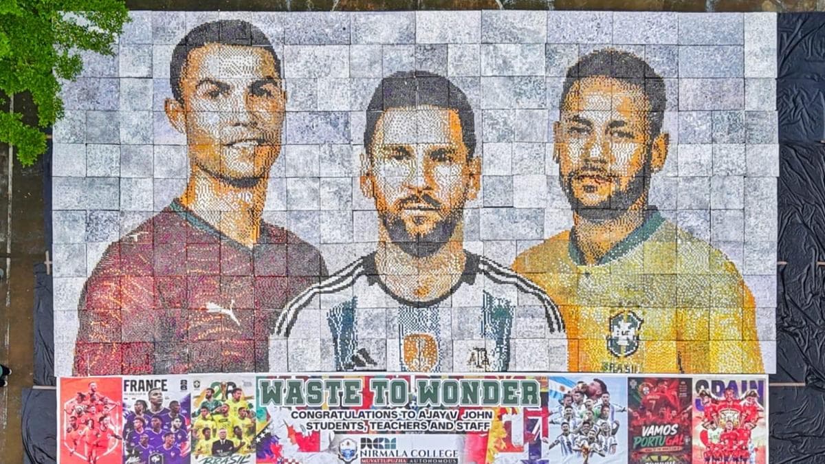 Kerala college sets up a giant portrait of football legends, made entirely of scrap